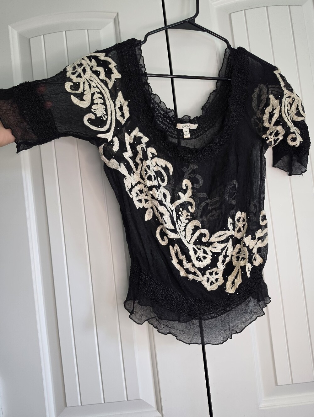 Cache Black Embroidered Beaded Boho Blouse Top M
